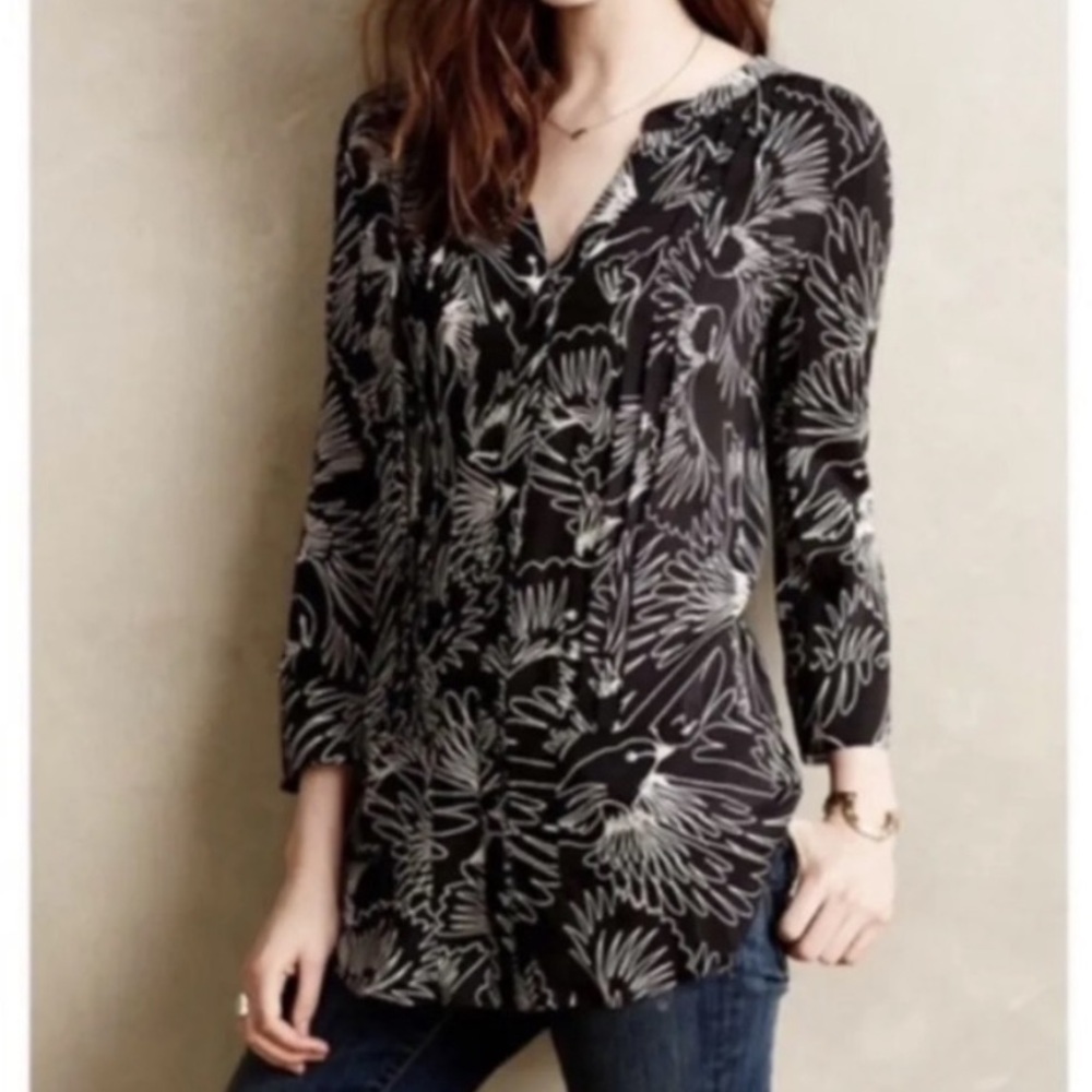 Anthropologie black and white bird print button down